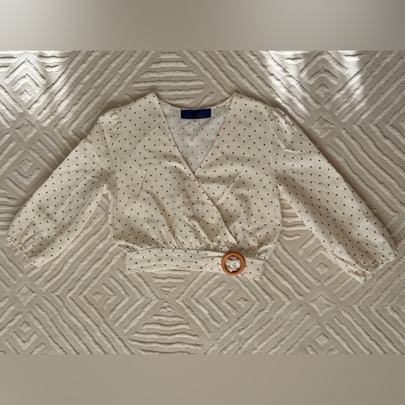 Francesca’s Collection Blue Rain Ivory & Black Polka Dot Wrap Blouse - Picture 13 of 16